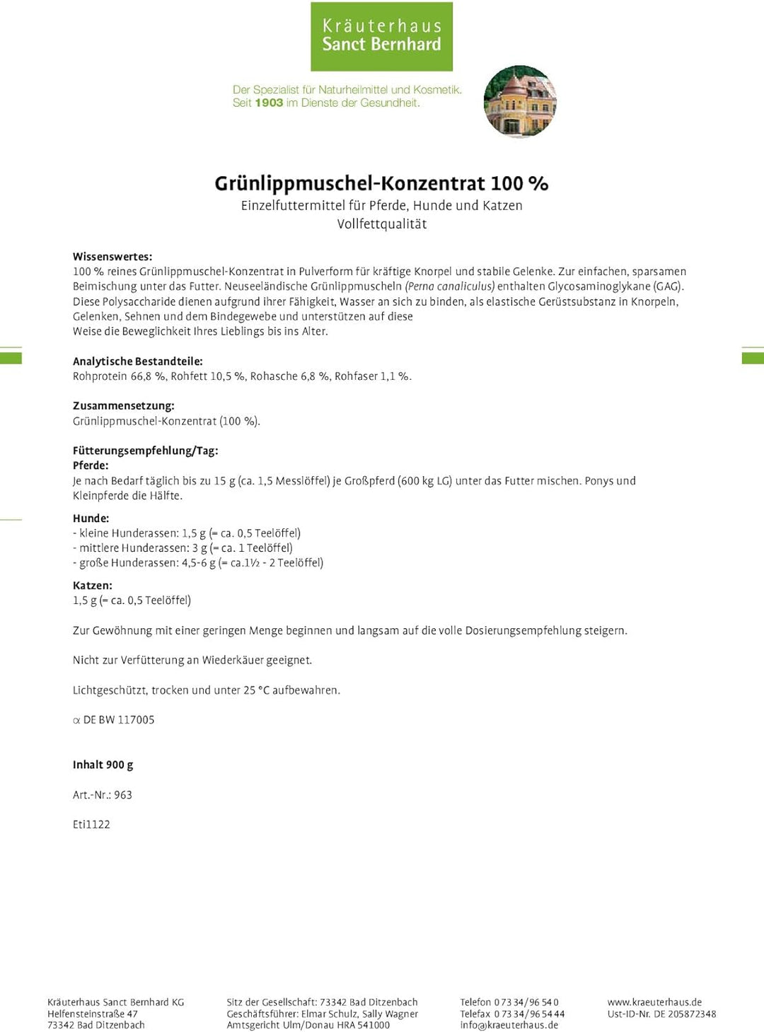 tierlieb Grünlippmuschel-Konzentrat 100% | Für Pferde, Hunde & Katzen | 900 Gramm