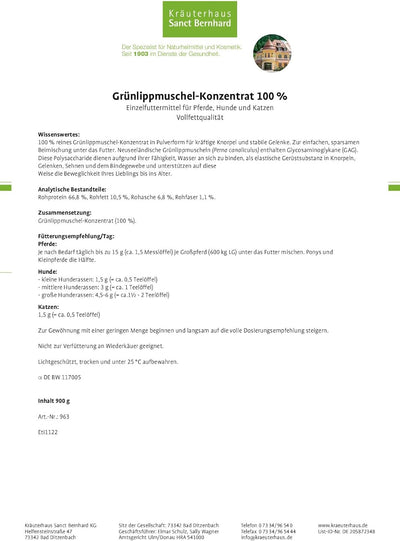 tierlieb Grünlippmuschel-Konzentrat 100% | Für Pferde, Hunde & Katzen | 900 Gramm