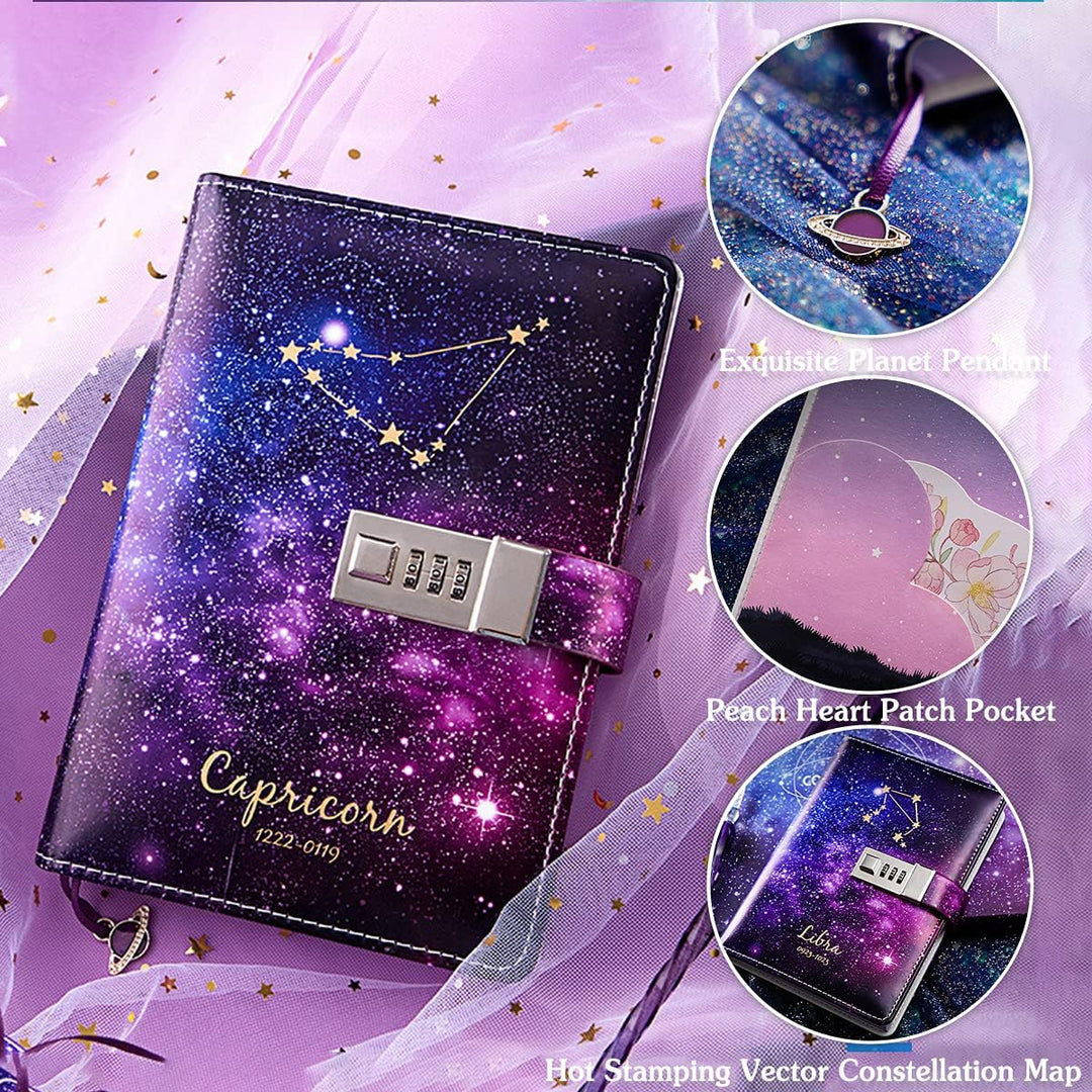 PORRASSO B6 Passwort Tagebücher Set PU Notizbuch Mädchen Glasstift Stifthalter Konstellation Diary B