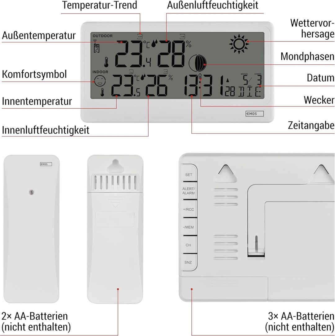 EMOS - Funk-Wetterstation mit Aussensensor - Innen-/Aussentemperatur, Luftfeuchtigkeit, Wettervorher