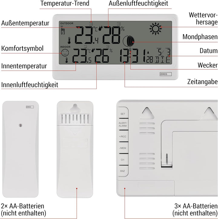 EMOS - Funk-Wetterstation mit Aussensensor - Innen-/Aussentemperatur, Luftfeuchtigkeit, Wettervorher