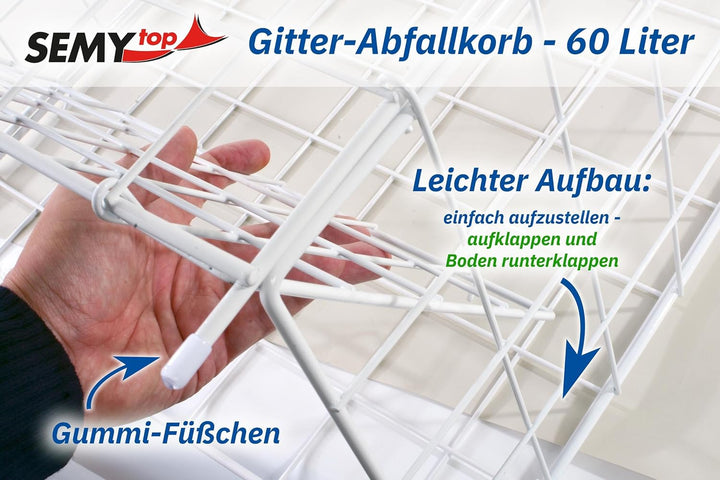SemyTop ST-88450 Abfallkorb 60 Liter, Zusammenlegbar, Weiss, Metall Beschichtet Single, Single