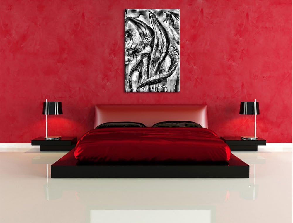 Monocrome, Dragons, Format: 100x70 auf Leinwand, XXL riesige Bilder fertig gerahmt mit Keilrahmen, K