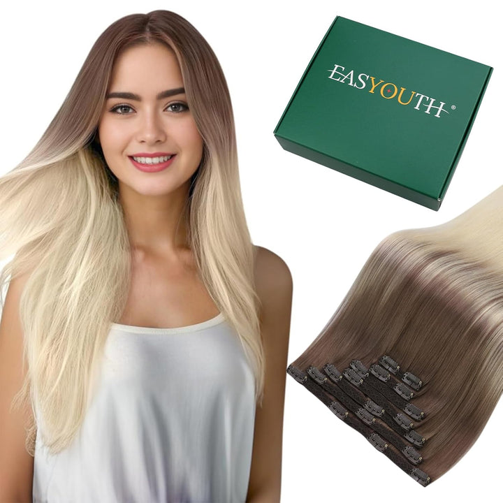 Easyouth Ombre Clip Extensions Echthaar Blond Clip in Haar Extensions Ash Brown Mix Platinblond 18 Z