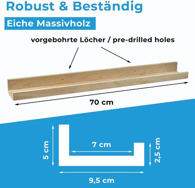 PHOTOLINI Wandregal Eiche Massivholz 70 cm, Schweberegal, 2er Set, modernes Design, Bilderleiste für