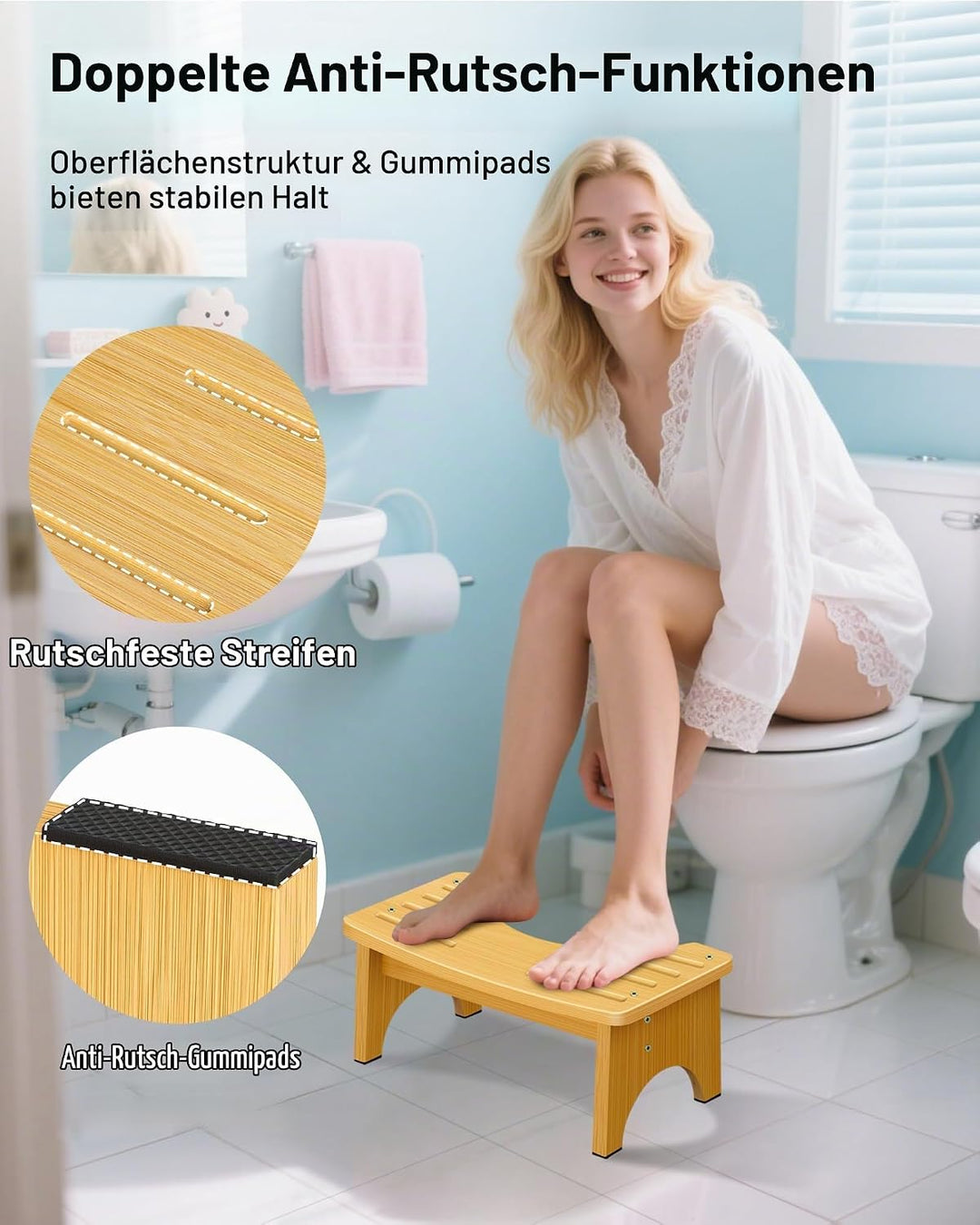 RayLove Physiologischer Toilettenhocker aus Bambus – WC-Trittbrett aus Holz – 35 Grad strapazierfähi