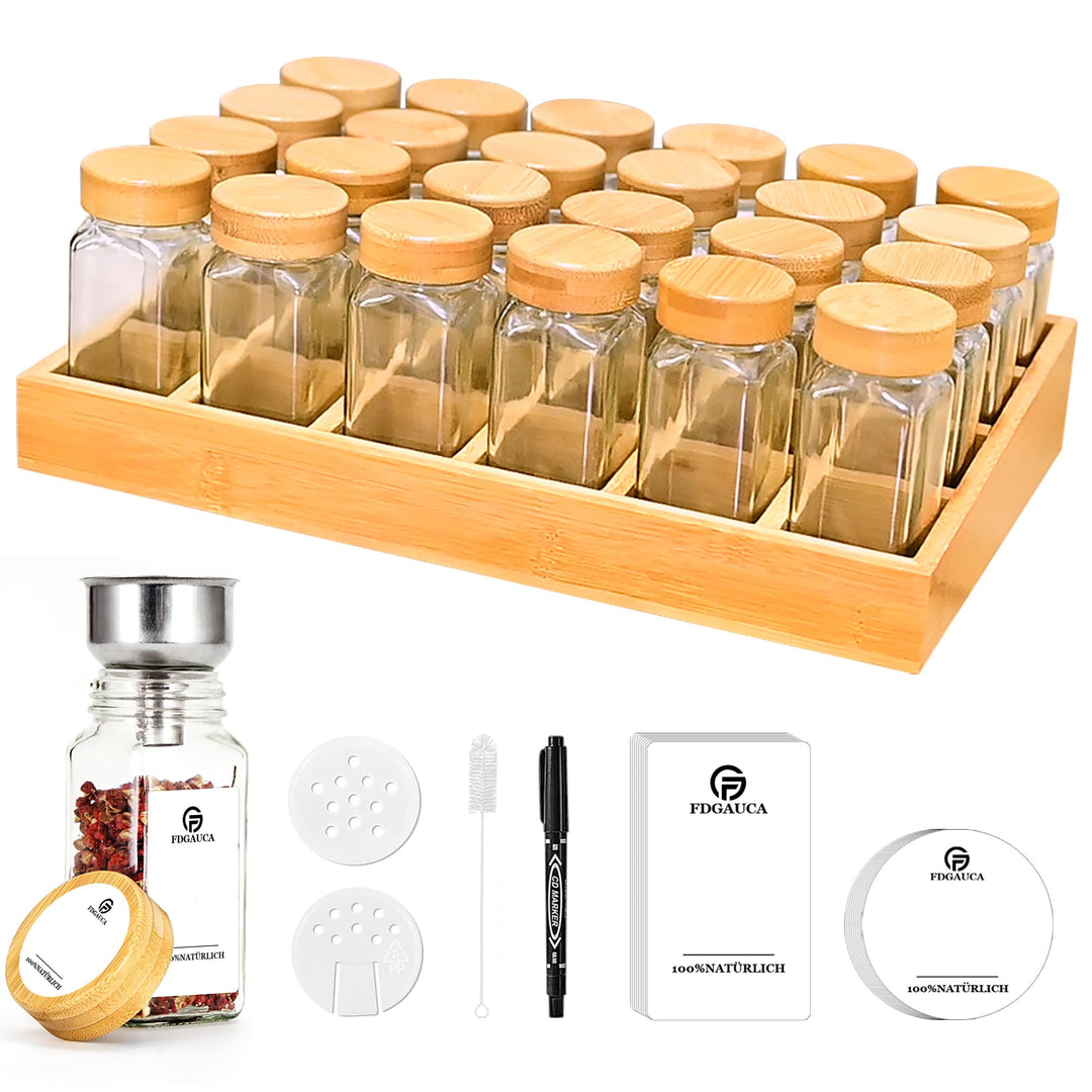 Umweltfreundliches Gewürzregale Holz mit 24 Bambusfächern | 24 120ml-Gewürzgläser Drawer Organizer |