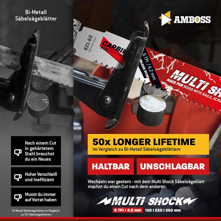AMBOSS MULTI SHOCK - 3x Säbelsägeblatt Länge 300 mm / 6 ZpZ - ideal für Holz mit Nägeln und Holz mit
