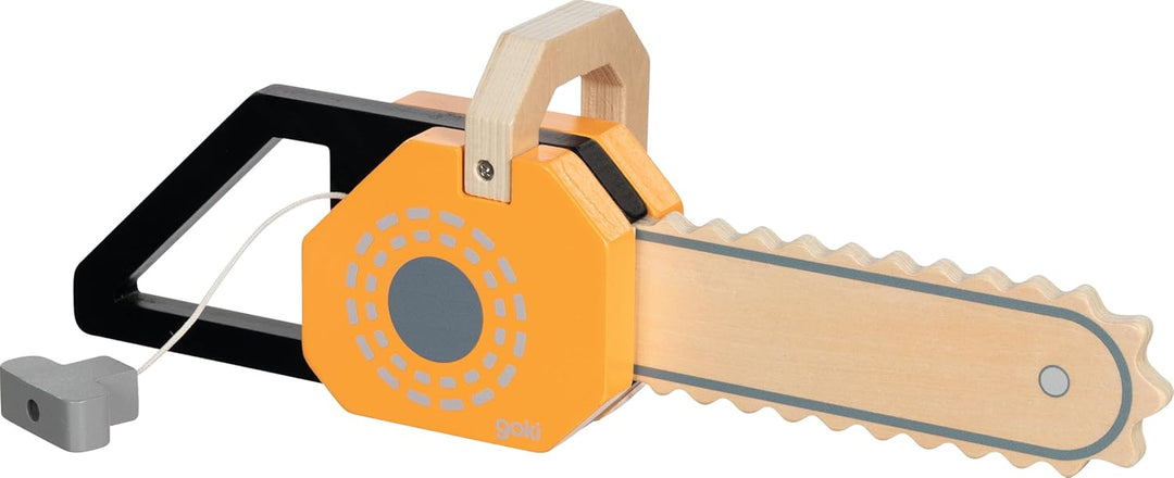 goki 58323 – Kettensäge aus Holz mit Soundfunktion – Spielzeug-Werkzeug mit Rückzugsknatter für klei