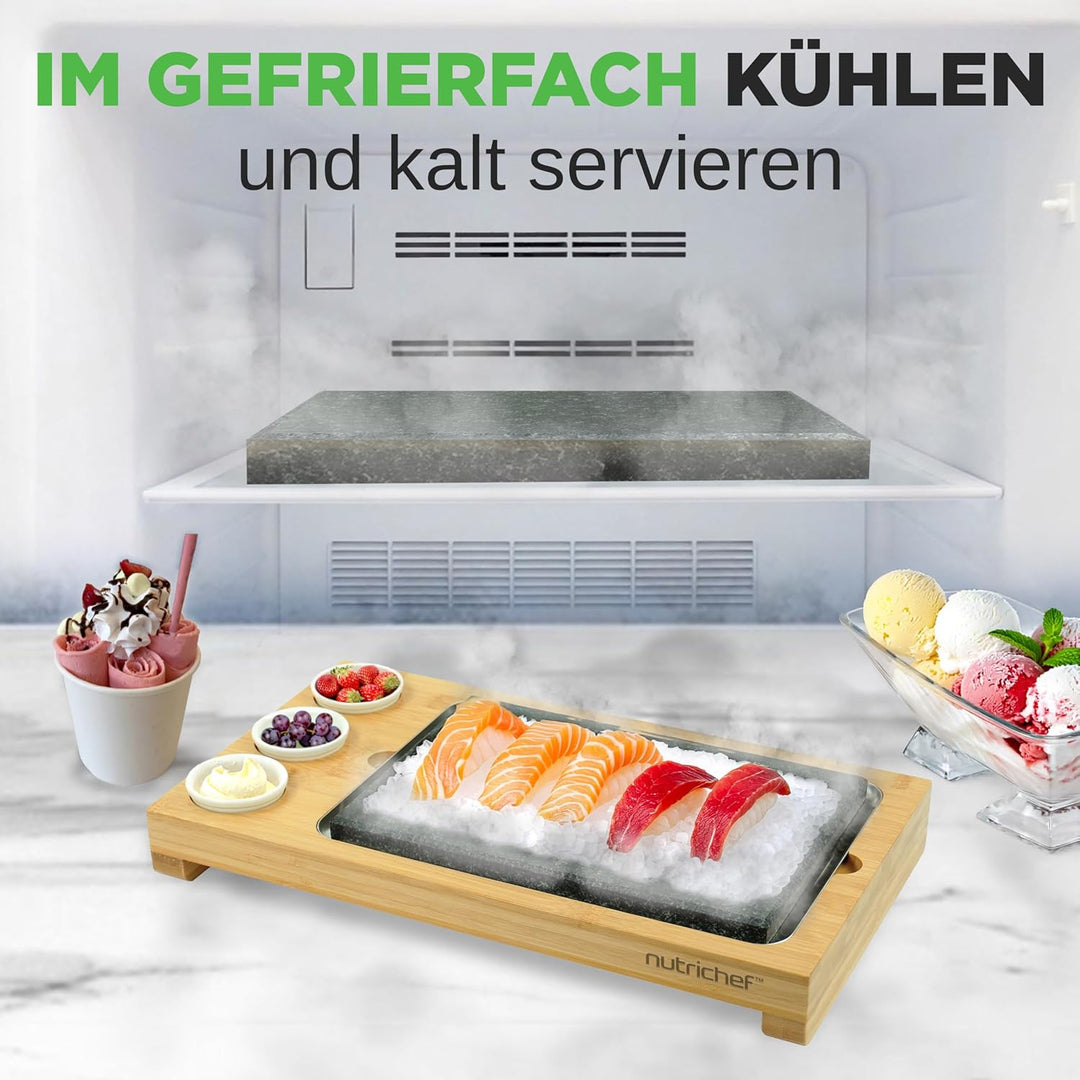 NutriChef Heisser Stein Grillplatte – Tischgrill-Set mit Bambus und Keramik Ideal für Steak und Dinn