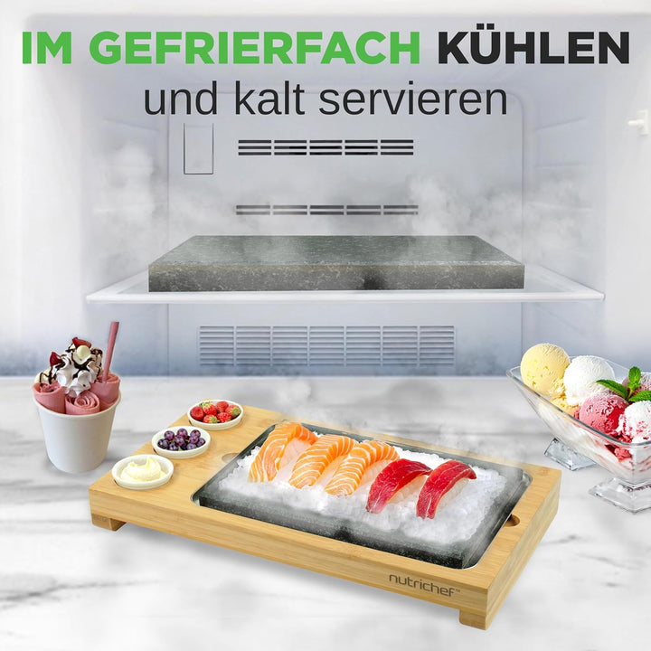 NutriChef Heisser Stein Grillplatte – Tischgrill-Set mit Bambus und Keramik Ideal für Steak und Dinn