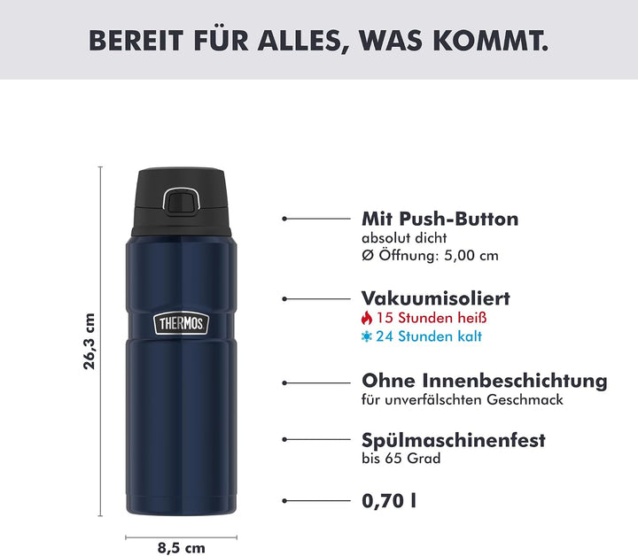 Thermos Stainless King Bottle 0,70l, Midnight Blue, Thermosflasche aus Edelstahl, Safe Flow Lid, spü