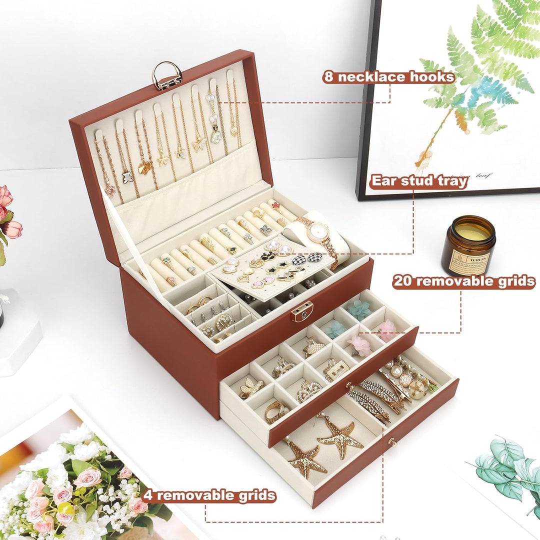 Schmuckkasten, Schmuckkästchen mit 3 Ebenen mit Schubladen, PU-Leder Schmuckbox Schmuckschatulle Gro