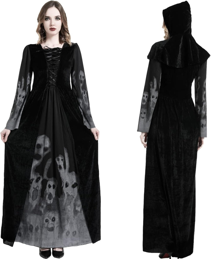 Bkpaweero Hexenkostüm Damen Halloween Kostüm Erwachsenen Hexen Kostüm Frauen Schwarze Geisterbraut A