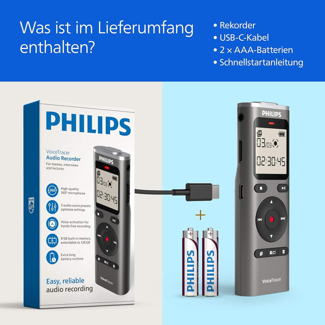 Philips DVT1170 VoiceTracer, Diktiergerät, Aufnahmegerät, 8GB, MicroSD-Steckplatz, 360°-Mikrofon