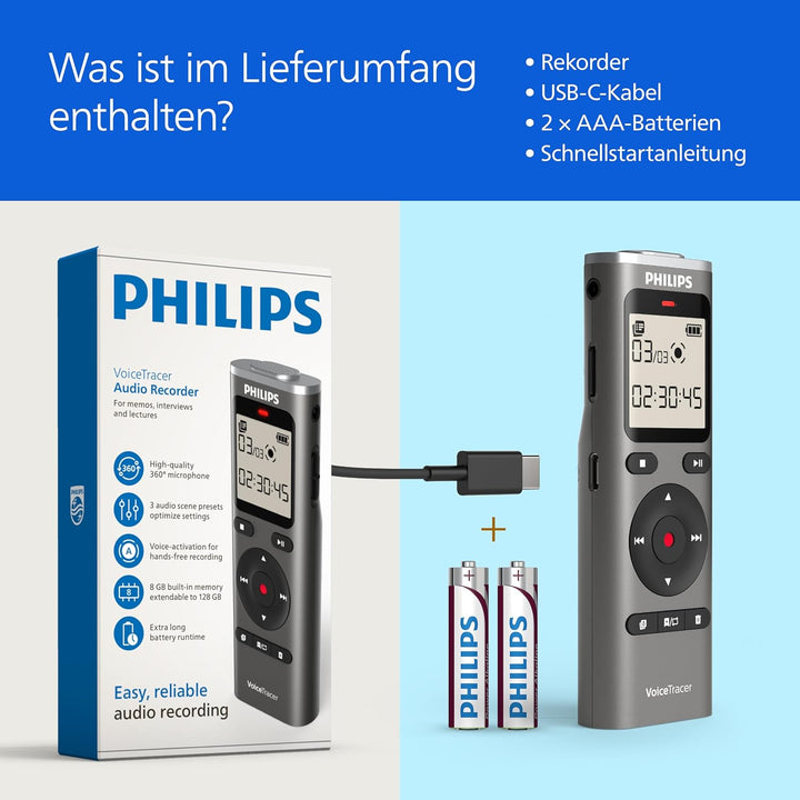 Philips DVT1170 VoiceTracer, Diktiergerät, Aufnahmegerät, 8GB, MicroSD-Steckplatz, 360°-Mikrofon