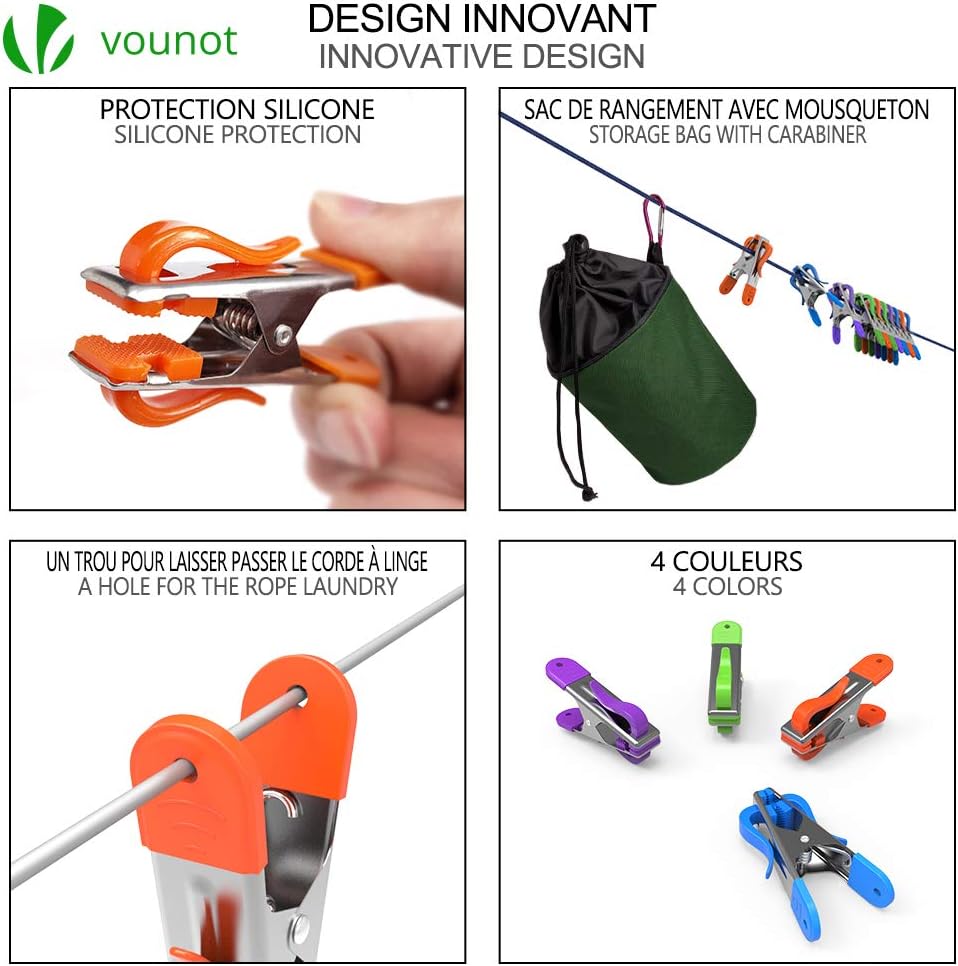 VOUNOT Wäscheklammern 40er Set, aus Edelstahl, mit Soft Grip und Haken, in 4 Farben, mit Wäscheklamm