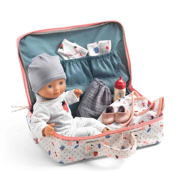 Djeco Puppe Vanille im Koffer | POMEA Babypuppe 32 cm mit Zubehör, weicher Körper, Schlafaugen, Klei