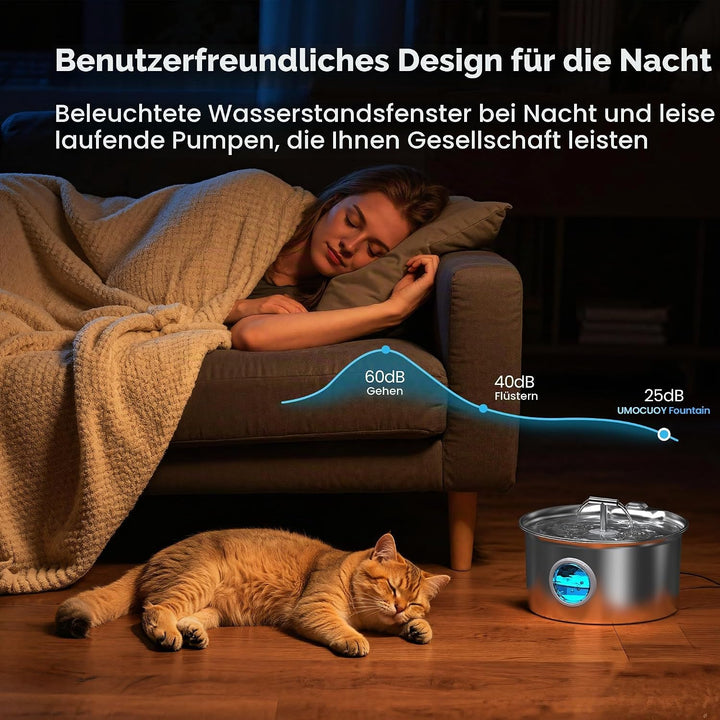 Katzenbrunnen Edelstahl Trinkbrunnen für Katze: 2.6L leiser Wasserspender für Katzen und Hunde - Aut
