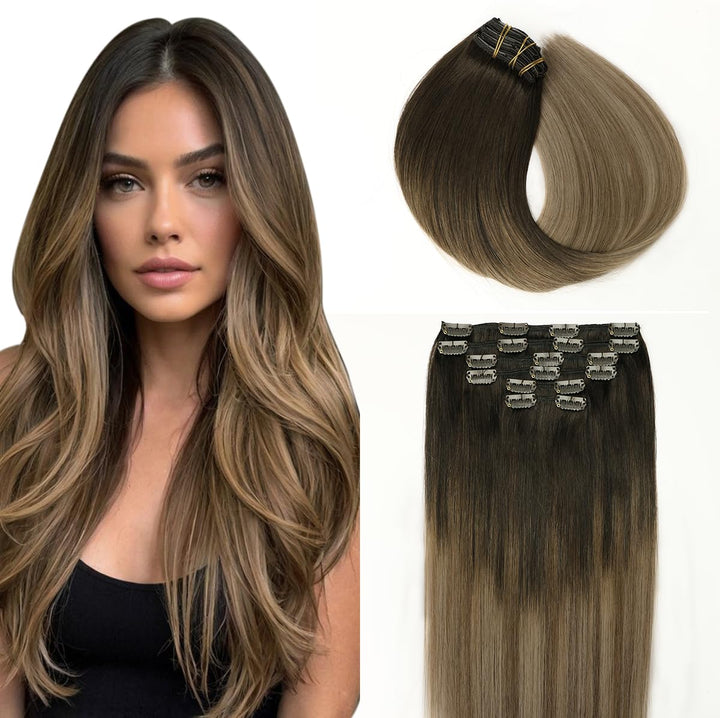 SURNEL Clip in Haarverlängerungen Ombré Walnuss Braun bis Ash Braun und Bleach Blonde 50cm 120g 7 St