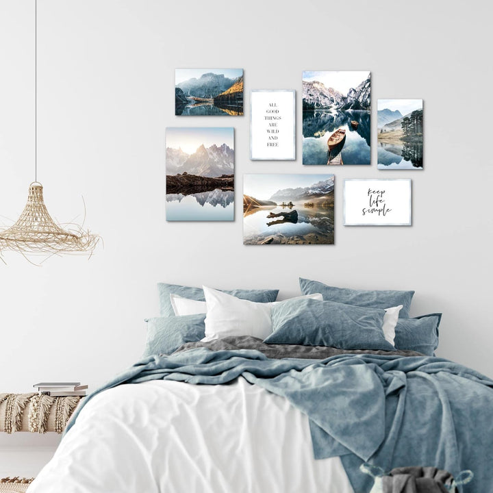 Novart Wandbilder See Berge blau - KOMPLETT AUFHÄNGFERTIG - Natur Wohnzimmer Schlafzimmer - 7 Modern