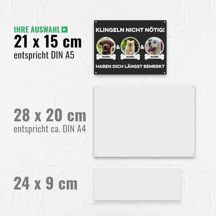 Hunde Schild personalisiert - Klingeln nicht nötig - Metallschild mit Foto und Name für aussen, wett