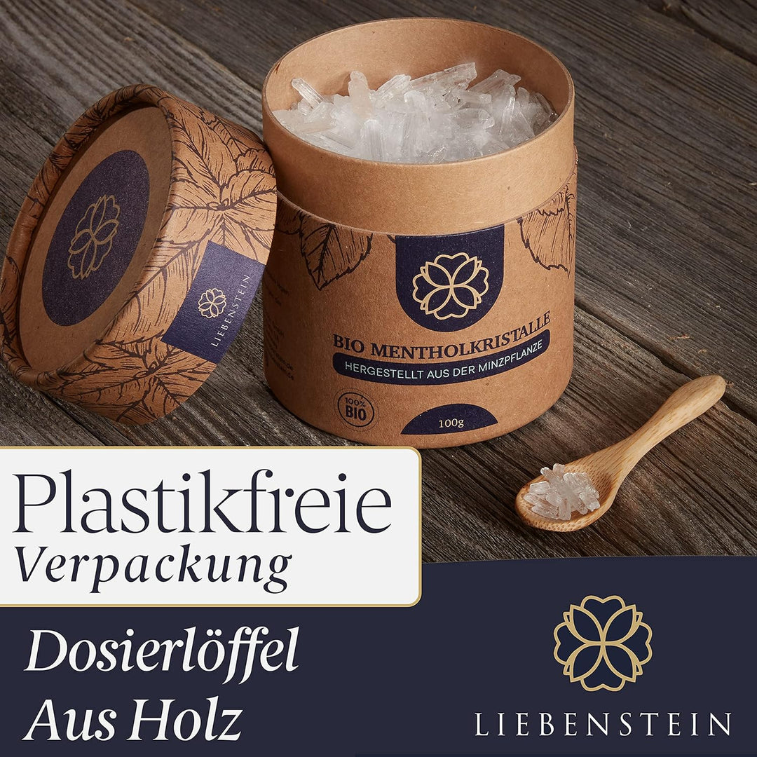 BIO Mentholkristalle Sauna Liebenstein® [100g] – nachhaltige Verpackung und Dosierlöffel aus Holz –
