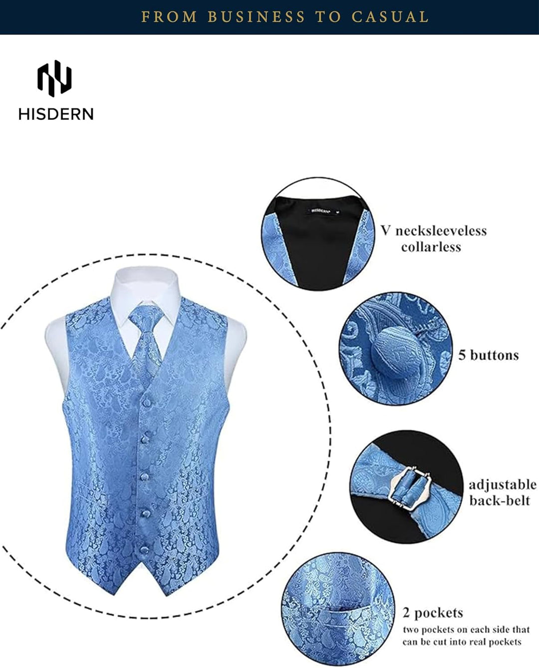 HISDERN Herren FLoral Hochzeit Weste Krawatte Einstecktuch Taschentuch Jacquard Weste Anzug Set S He