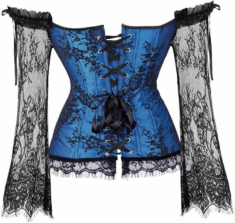 Jutrisujo Korsett Damen Corsage Corset Vollbrust Top Spitze Ärmel Hochzeit Vintage Burlesque, Blau