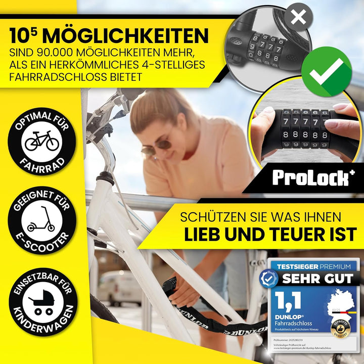 Dunlop Fahrradschloss Zahlenschloss Fahrrad Schloss - Hohe Sicherheit Level 8-100 cm Fahrräder Schlo