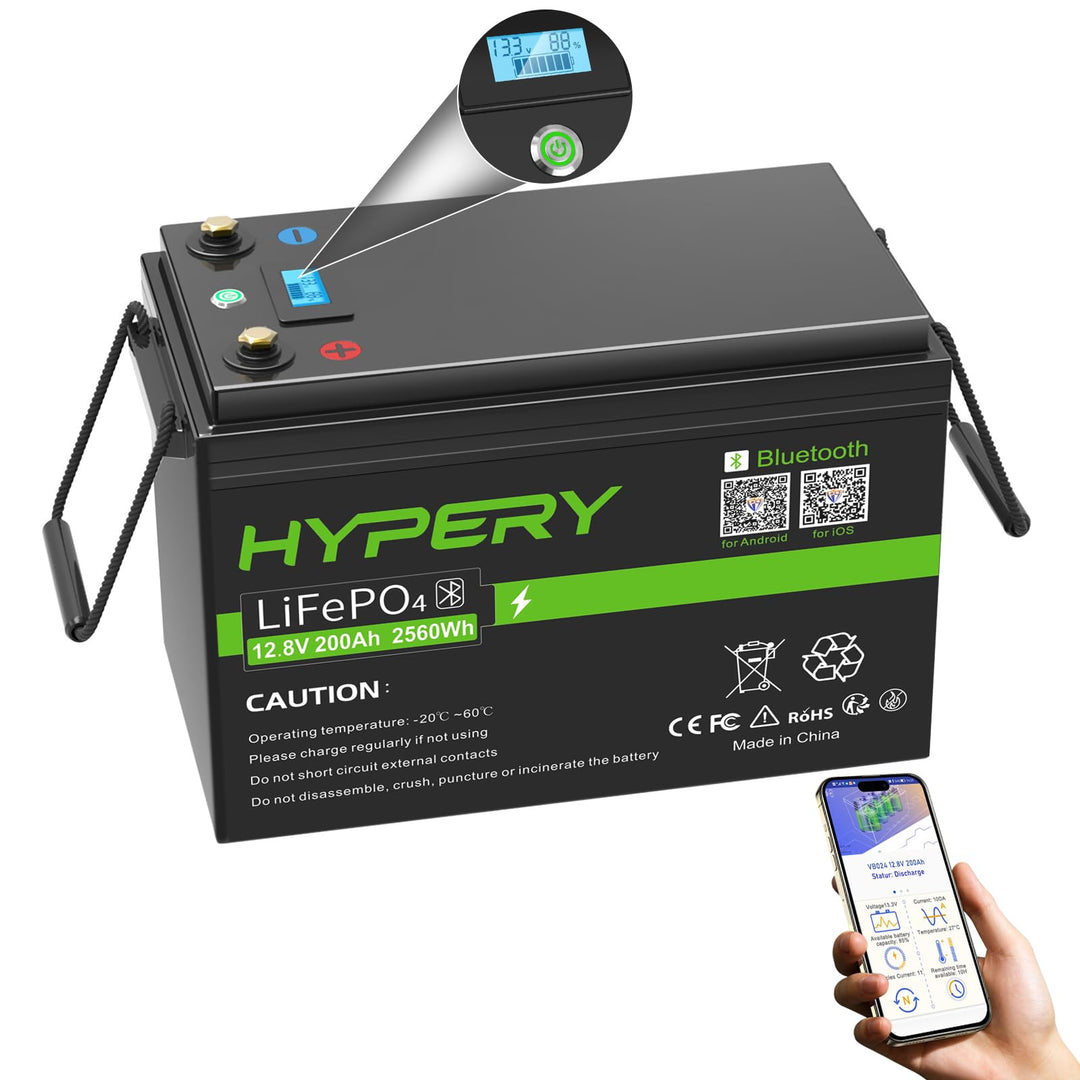 HYPERY LiFePO4 Akku, Smart 12V 200AH Lithium Batterie mit Bluetooth zur Überwachung der Batterie SOC