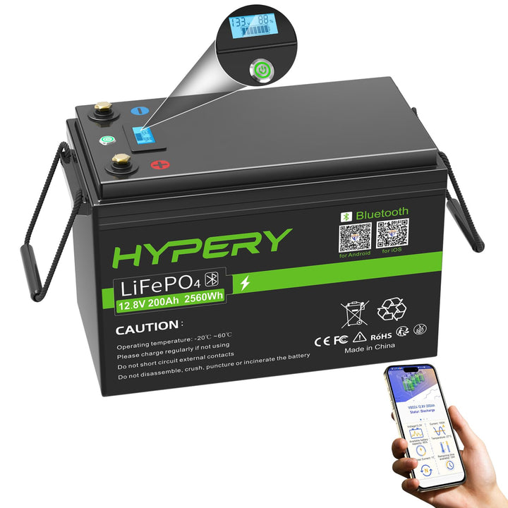 HYPERY LiFePO4 Akku, Smart 12V 200AH Lithium Batterie mit Bluetooth zur Überwachung der Batterie SOC