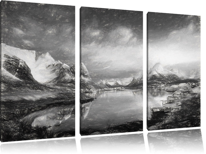 Pixxprint Schneelandschaft in einem Dorf in Norwegen Kunst Kohle Effekt 3-Teiler Leinwandbild 120x80