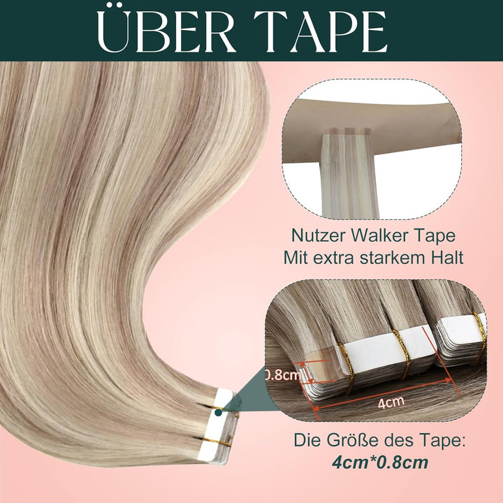 Easyouth Echthaar Extensions Tape in Remy Haarverlangerung Tape Extensions Aschblond Mix Hellblond T