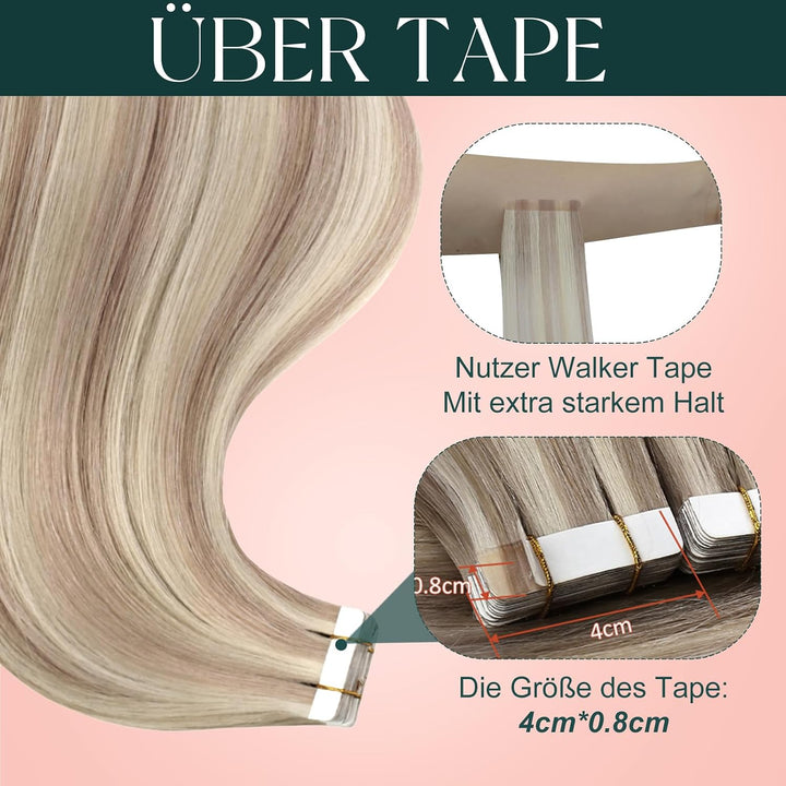 Easyouth Extensions Tape Balayage 20zoll Extensions Tape on Echthaar Aschblondes Highlight mit Hellb