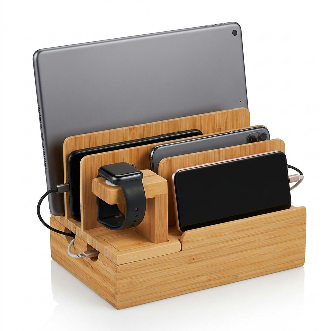 Relaxdays Ladestation, für Apple Watch, Bambus, HxBxT 15 x 21,5 x 15 cm, Handystation, Tablethalter,