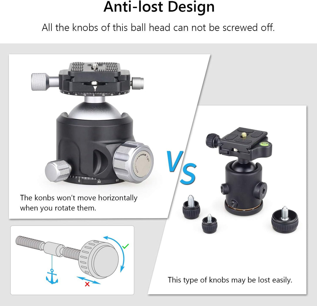 ARTCISE Robuster Kugelkopf, 52 mm, Dual-Panorama-Stativkopf mit niedrigem Profil und 2 x 6,35 mm Sch