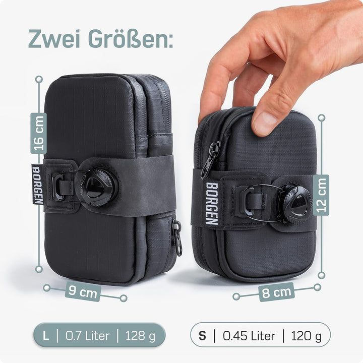 Borgen Satteltasche Fahrrad, schwarz, wasserabweisend, 128g, Grösse L | Mit stabiler Befestigung, re