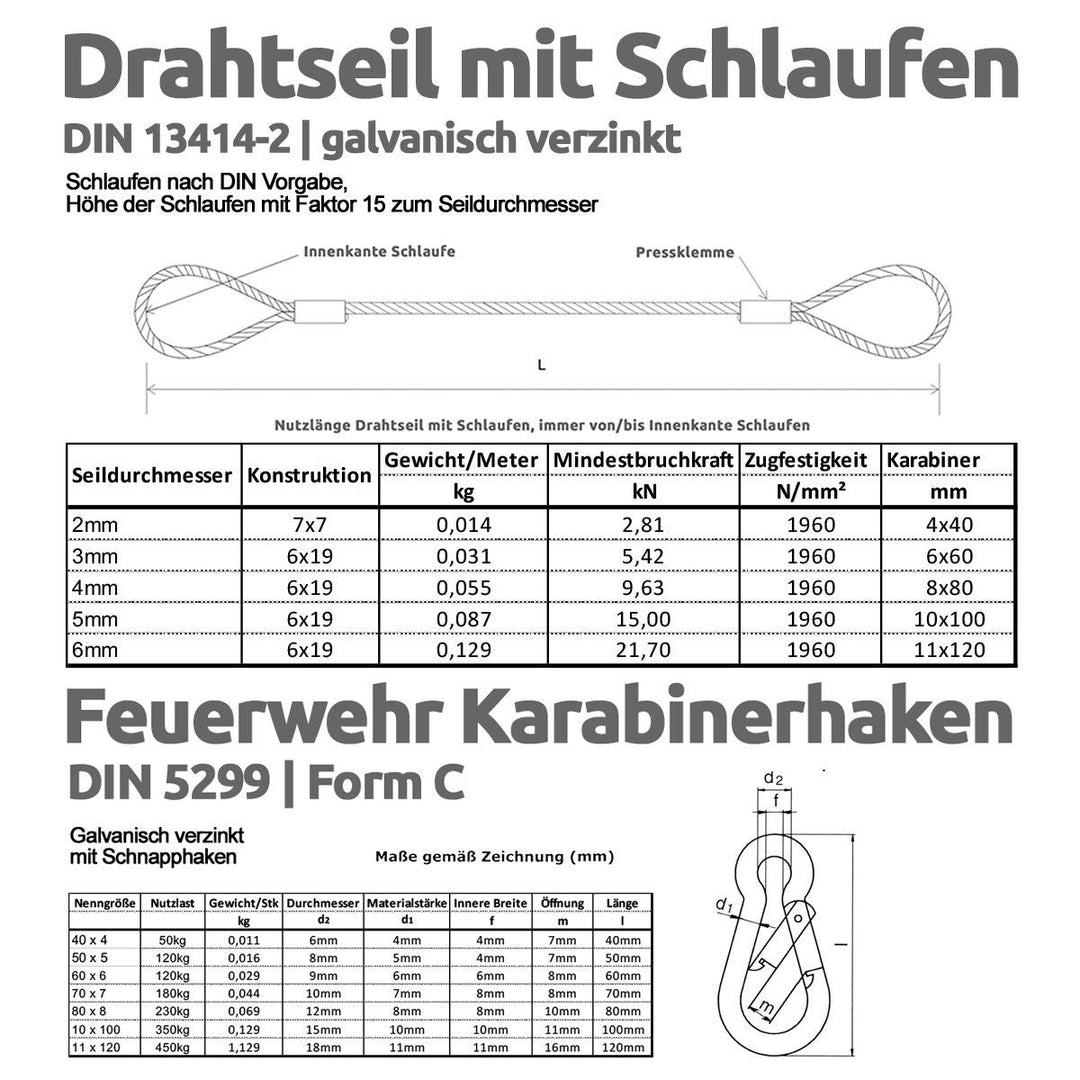 Drahtseile24 Stahlseil mit Haken, Drahtseil mit Haken und Öse – Aufhängeseil, Seilaufhängung | Ø4mm