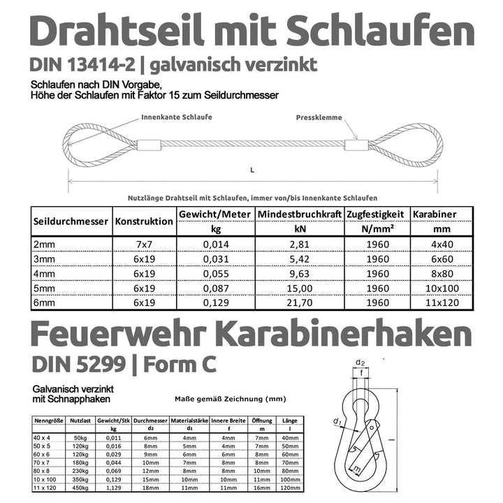 Drahtseile24 Stahlseil mit Haken, Drahtseil mit Haken und Öse – Aufhängeseil, Seilaufhängung | Ø5mm