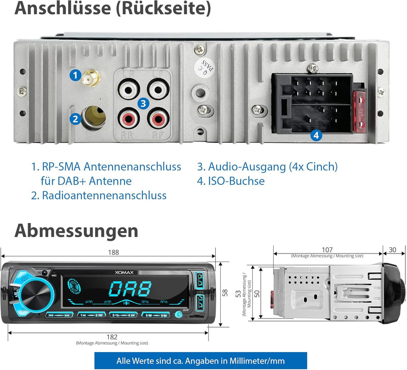 XOMAX XM-RD288 Autoradio mit integriertem DAB+ Tuner, FM RDS, Bluetooth Freisprecheinrichtung, USB,