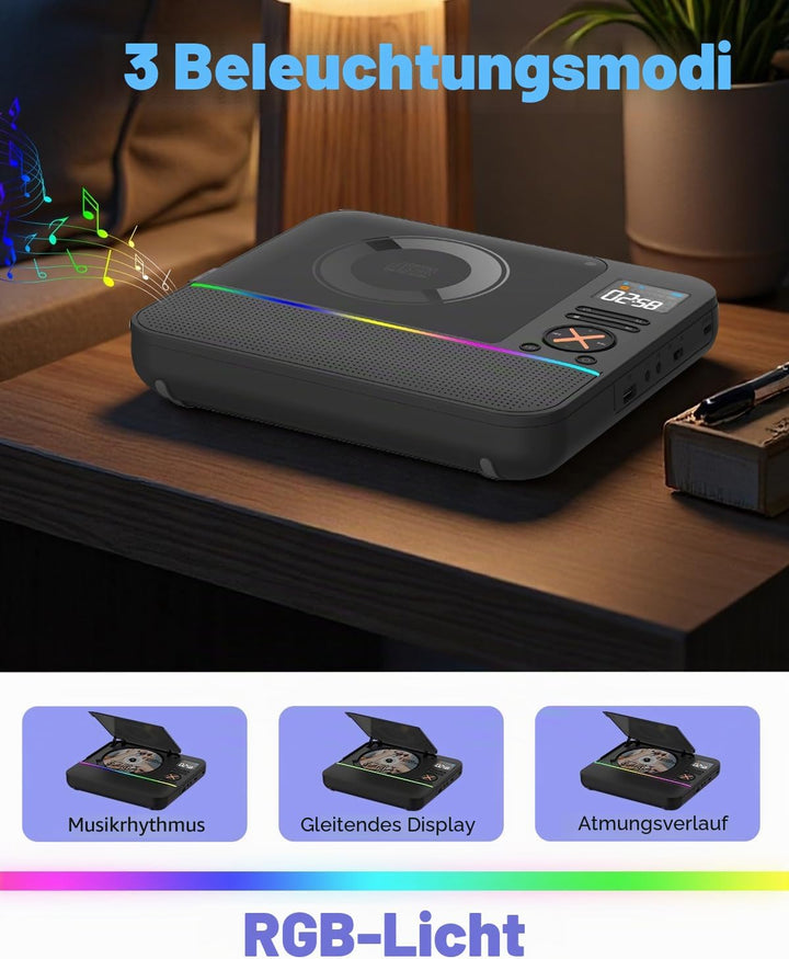 Tragbarer CD Player Bluetooth, Boombox Desktop CD-Player mit Bluetooth FM-Radio und RGB LED-Anzeige