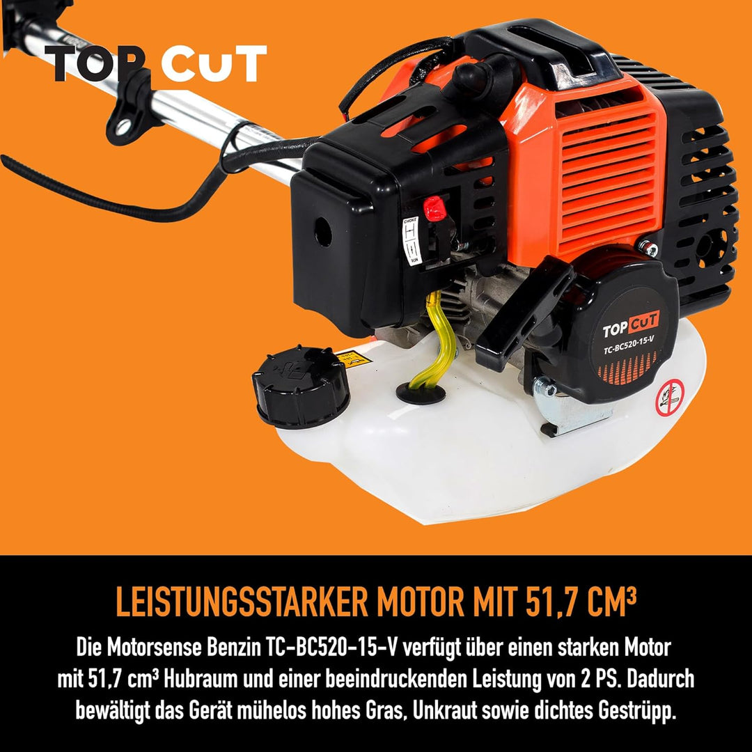 TOP CUT Benzin Motorsense 51,7 cm³ -2-Takt - Freischneider & Rasentrimmer mit Messer - Fadenspule un