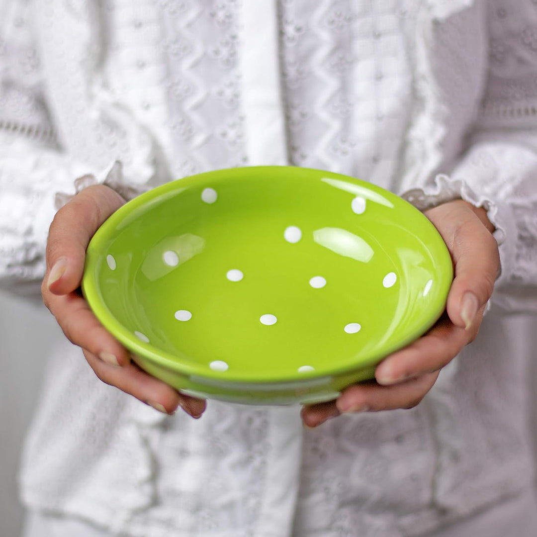 City to Cottage® - Keramik Suppenteller 18.5 cm | Grün und Weiss | Polka Dots | Handgemacht | Kerami