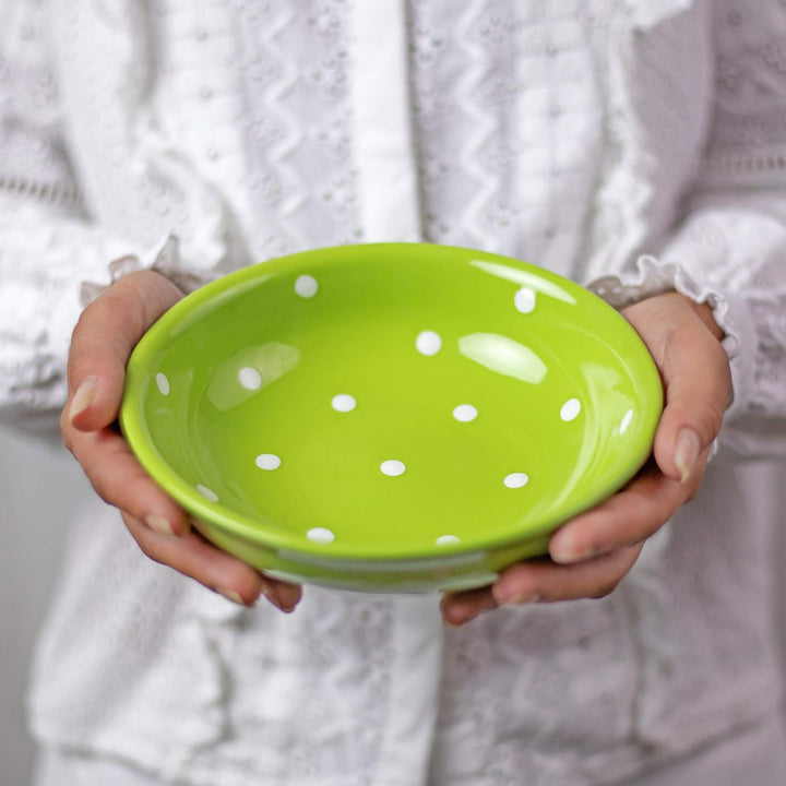City to Cottage® - Keramik Suppenteller 18.5 cm | Grün und Weiss | Polka Dots | Handgemacht | Kerami