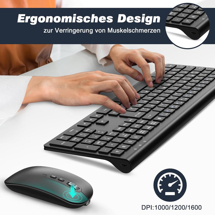 cimetech Tastatur Maus Set Kabellos, Ultra-Dünne Wiederaufladbare Kabellose Tastatur und Maus Ergono
