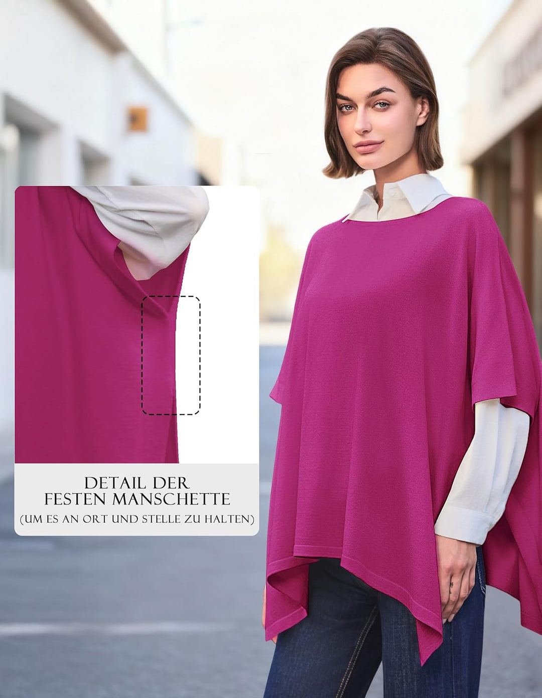 PULI Damen Pullover Poncho Elegant Viskose Strick Locker sitzend Poncho Schal Einheitsgrösse Hotpink