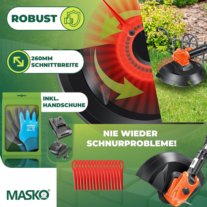 MASKO® Akku-Rasentrimmer mit 20 V Li-Akku, 2,0 Ah Akku und Ladegerät, Motorsense 26 cm Schnittkreis,