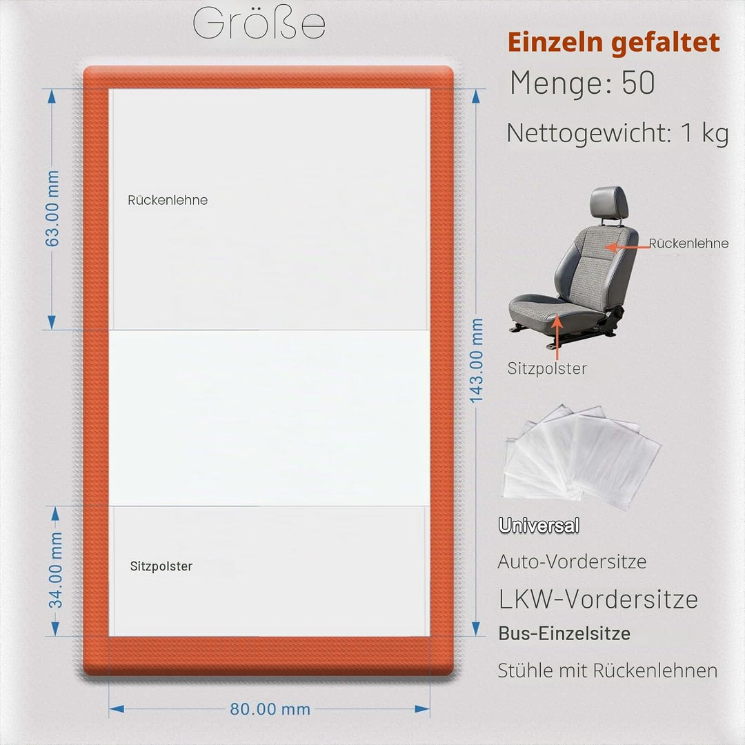 Einweg-Autositzbezüge aus Kunststoff, Fahrzeugsitzschutz, dick/einzeln gefaltet (20 g x 50 Stück)