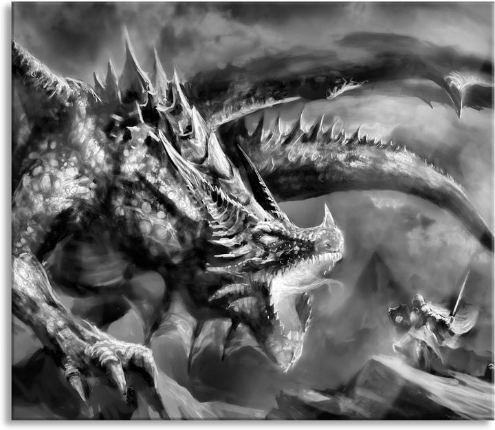 Kampf zwischen Mensch und Drache Herdabdeckplatte & Spritzschutz aus Echtglas | Für Herd-Kochfelder